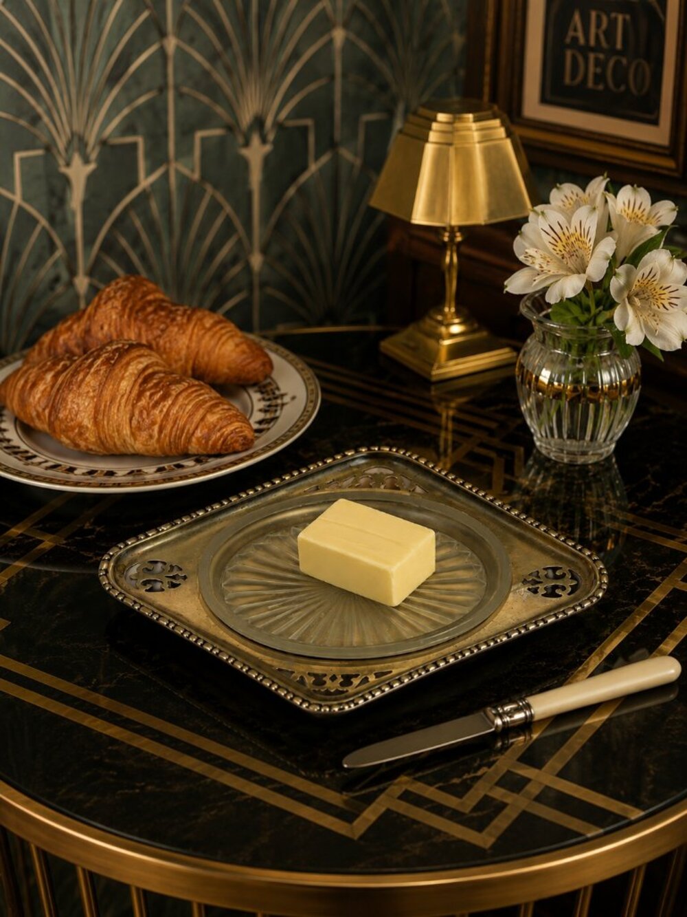 Vintage Silverplate with Glass Insert Butter Dish - Art Deco Style